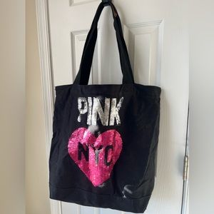 Victoria's Secret PINK NYC Sequin Logo Exclusive Bag Tote Purse black